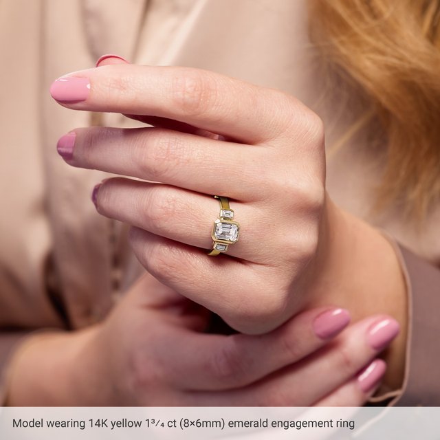 CHLOE Bezel Set Trilogy Emerald Engagement Ring with Emerald Cut Accent Diamonds - Platinum - View 6