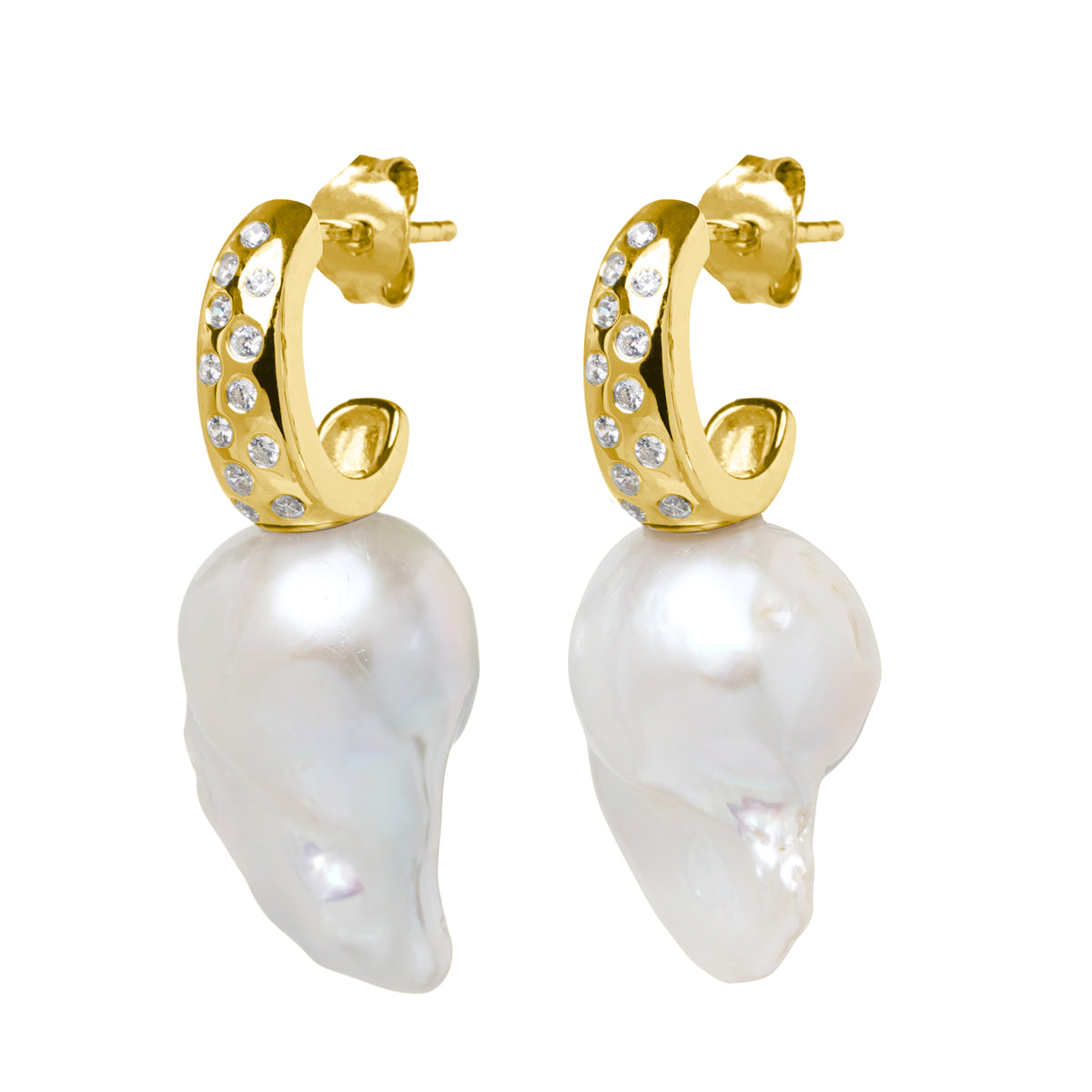 Baroque Pearl Diamond Set Half Hoop Drop Earrings