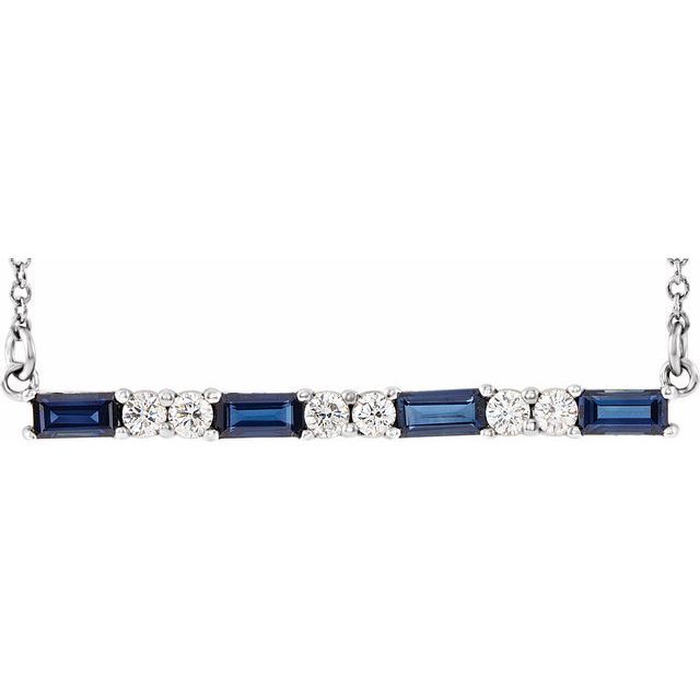 10K White Gold Lab-Grown Blue Sapphire 4 X 2mm || 1 6 Ctw 10K White Lab-Grown Blue Sapphire & 1/6 CTW Natural Diamond Bar 16-18" Necklace Jewelry