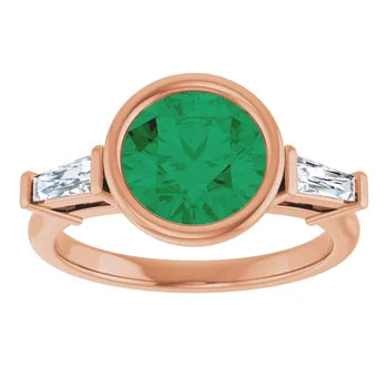 10K Yellow Gold 8 mm Lab-Grown Emerald MILANIA Round Bezel set Gemstone Ring with accented Tapered Baguettes Jewelry