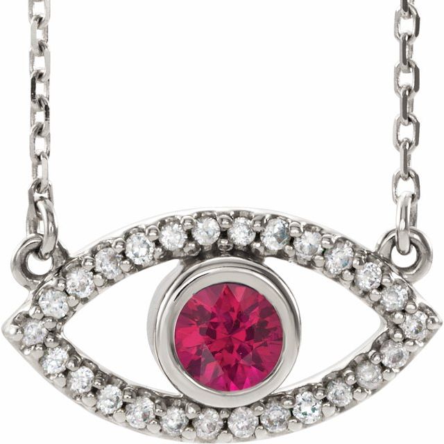 10K White Gold Lab-Grown Ruby 3.5 mm 10K White Lab-Grown Ruby & Natural White Sapphire Evil Eye 18" Necklace Jewelry