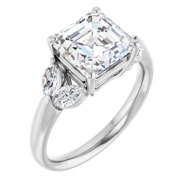 ELIZABETH Solitaire Asscher Engagement Ring with Marquise Shoulder Diamonds - Platinum - View 1