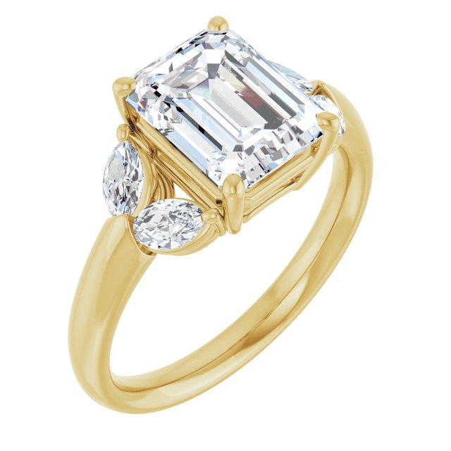 ELIZABETH Solitaire Emerald Engagement Ring with Marquise Shoulder Diamonds - 18K Yellow Gold - View 1