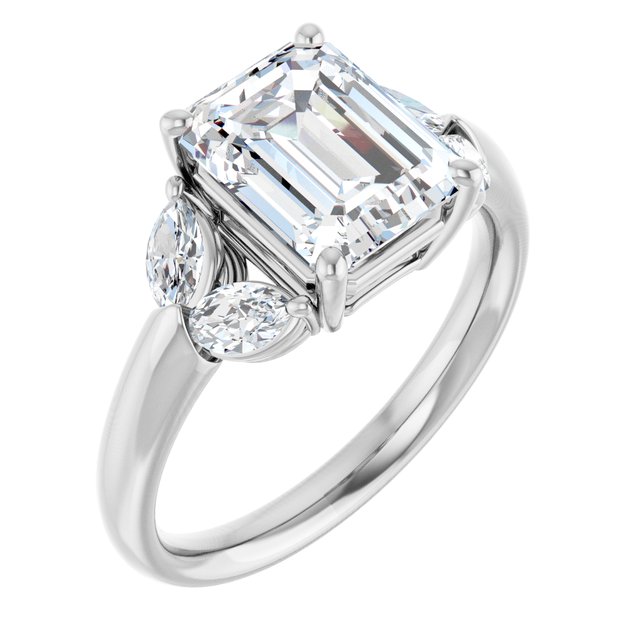 ELIZABETH Solitaire Emerald Engagement Ring with Marquise Shoulder Diamonds - Platinum - View 1