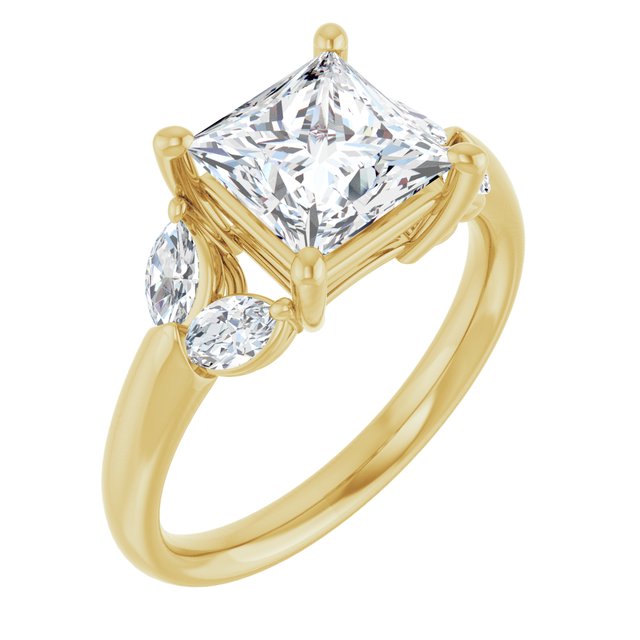 ELIZABETH Solitaire Square Engagement Ring with Marquise Shoulder Diamonds - 18K Yellow Gold - View 1