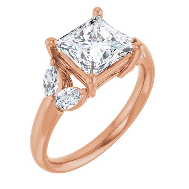ELIZABETH Solitaire Square Engagement Ring with Marquise Shoulder Diamonds - 18K Rose Gold - View 1