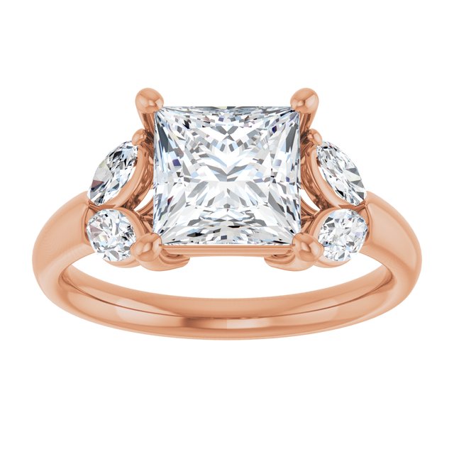 ELIZABETH Solitaire Square Engagement Ring with Marquise Shoulder Diamonds - 18K Rose Gold - View 3