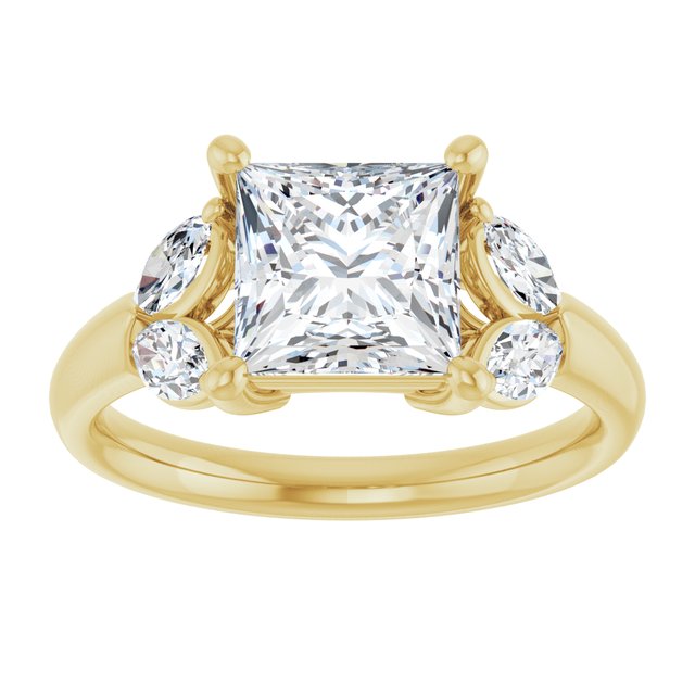 ELIZABETH Solitaire Square Engagement Ring with Marquise Shoulder Diamonds - 18K Yellow Gold - View 3