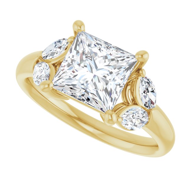 ELIZABETH Solitaire Square Engagement Ring with Marquise Shoulder Diamonds - 18K Yellow Gold - View 5