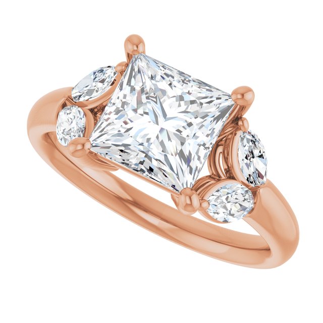 ELIZABETH Solitaire Square Engagement Ring with Marquise Shoulder Diamonds - 18K Rose Gold - View 5