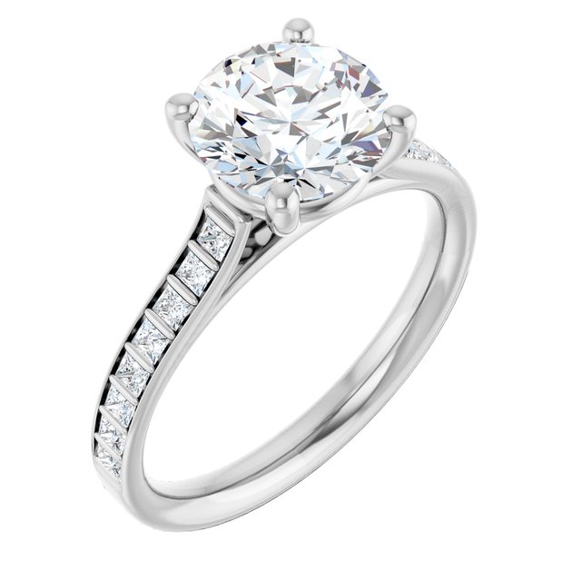 DEMI Solitaire Round Engagement Ring with Princess Cut Shoulder Diamonds - Platinum - View 1