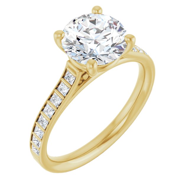 DEMI Solitaire Round Engagement Ring with Princess Cut Shoulder Diamonds - 18K Yellow Gold - View 1