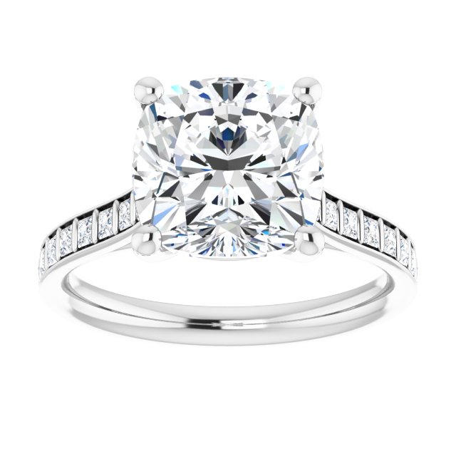 DEMI Solitaire Cushion Engagement Ring with Princess Cut Shoulder Diamonds - Platinum - View 3
