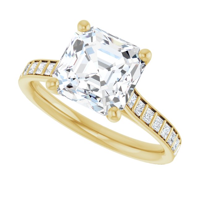 DEMI Solitaire Asscher Engagement Ring with Princess Cut Shoulder Diamonds - 18K Yellow Gold - View 5