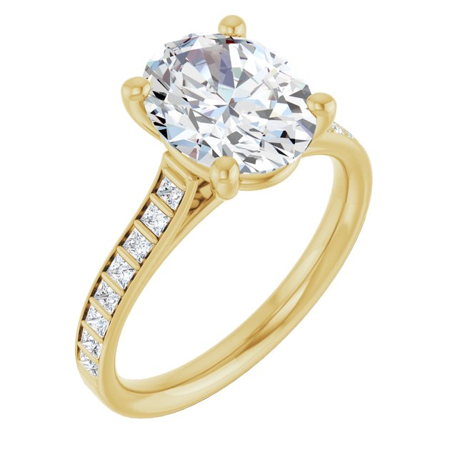 DEMI Solitaire Oval Engagement Ring with Princess Cut Shoulder Diamonds - 18K Yellow Gold - View 1