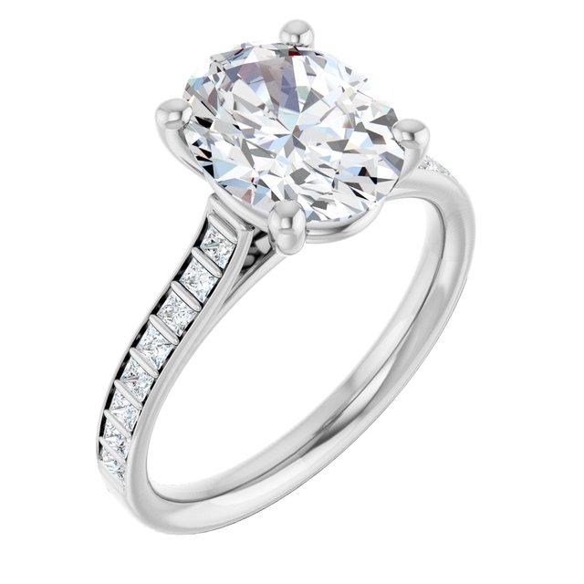 DEMI Solitaire Oval Engagement Ring with Princess Cut Shoulder Diamonds - Platinum - View 1