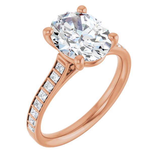 DEMI Solitaire Oval Engagement Ring with Princess Cut Shoulder Diamonds - 18K Rose Gold - View 1