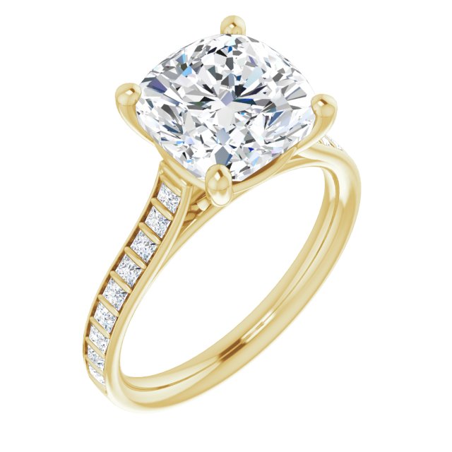 DEMI Solitaire Cushion Engagement Ring with Princess Cut Shoulder Diamonds - 18K Yellow Gold - View 1