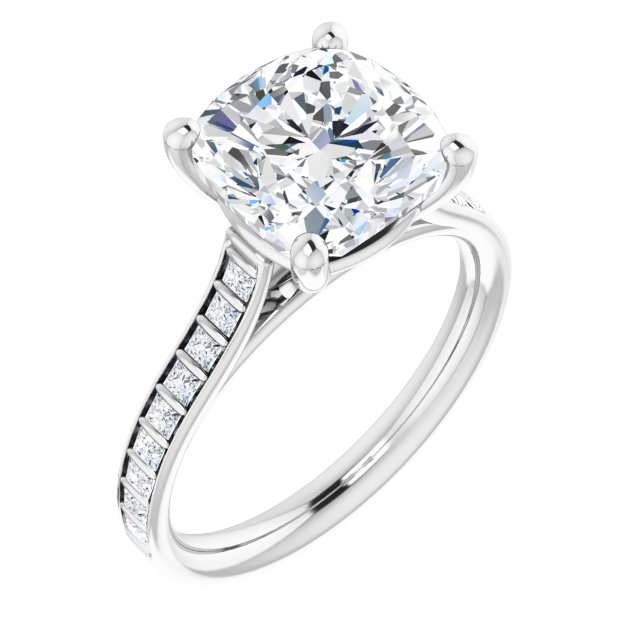DEMI Solitaire Cushion Engagement Ring with Princess Cut Shoulder Diamonds - Platinum - View 1