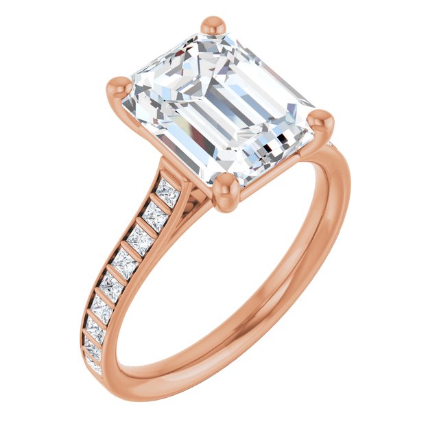 DEMI Solitaire Emerald Engagement Ring with Princess Cut Shoulder Diamonds - 18K Rose Gold - View 1