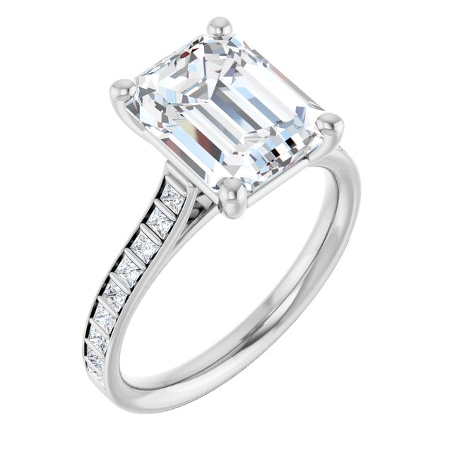 DEMI Solitaire Emerald Engagement Ring with Princess Cut Shoulder Diamonds - Platinum - View 1