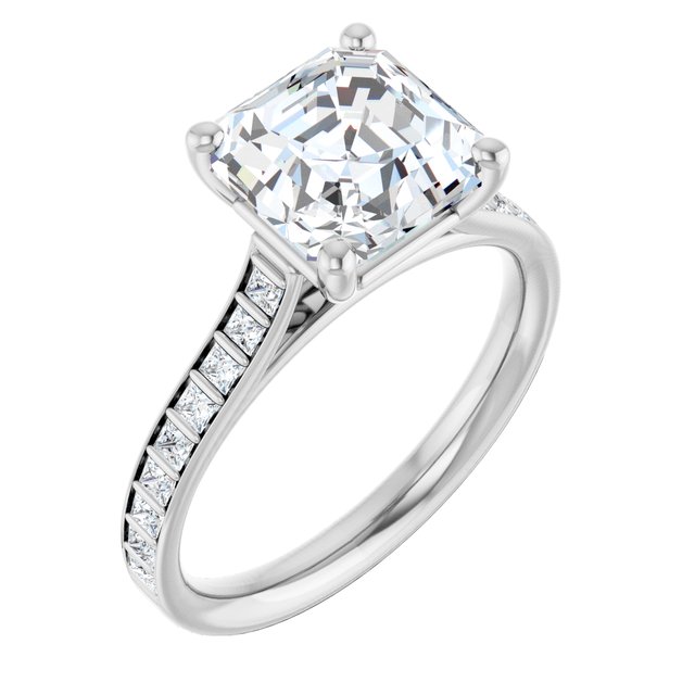 DEMI Solitaire Asscher Engagement Ring with Princess Cut Shoulder Diamonds - Platinum - View 1