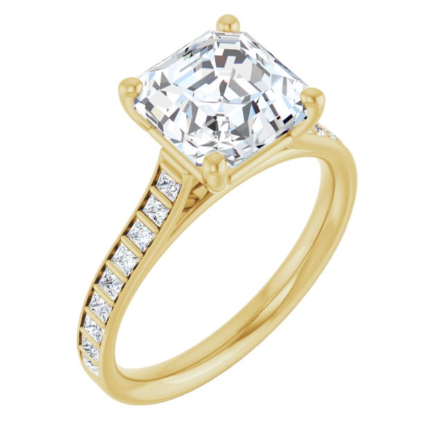 DEMI Solitaire Asscher Engagement Ring with Princess Cut Shoulder Diamonds - 18K Yellow Gold - View 1