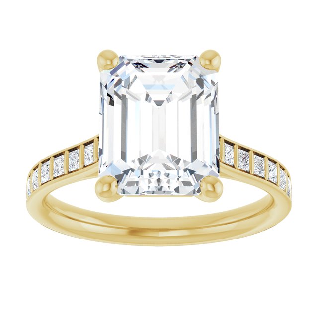 DEMI Solitaire Emerald Engagement Ring with Princess Cut Shoulder Diamonds - 18K Yellow Gold - View 3