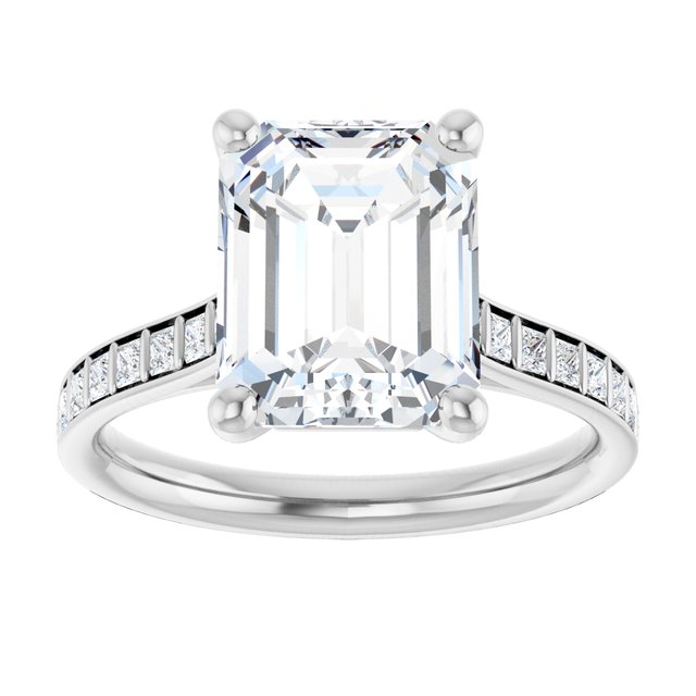 DEMI Solitaire Emerald Engagement Ring with Princess Cut Shoulder Diamonds - Platinum - View 3