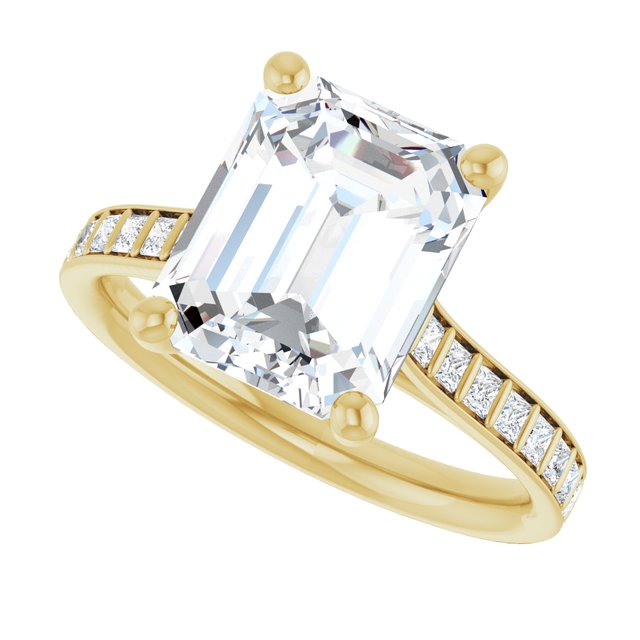 DEMI Solitaire Emerald Engagement Ring with Princess Cut Shoulder Diamonds - 18K Yellow Gold - View 5