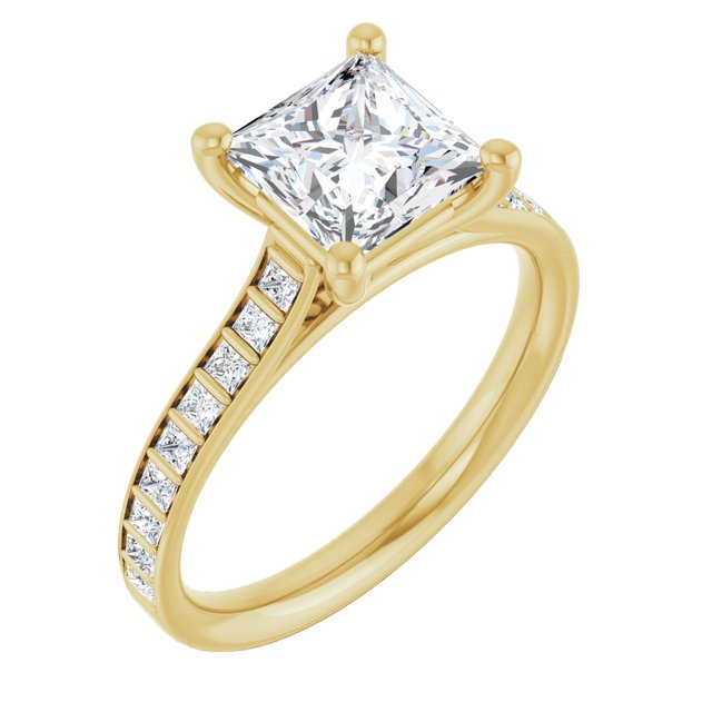 DEMI Solitaire Square Engagement Ring with Princess Cut Shoulder Diamonds - 18K Yellow Gold - View 1