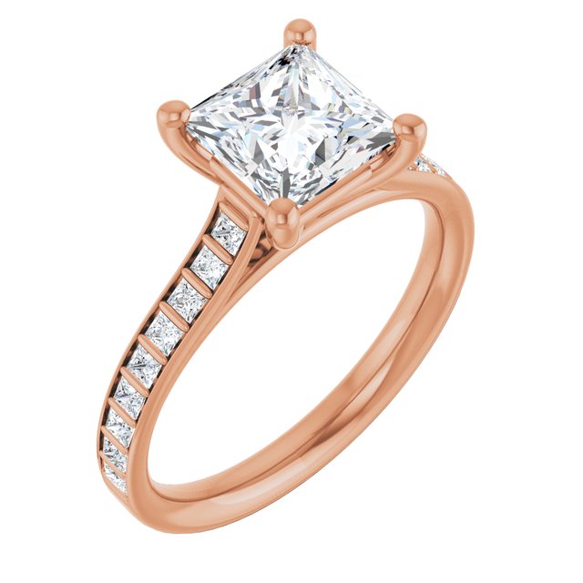 DEMI Solitaire Square Engagement Ring with Princess Cut Shoulder Diamonds - 18K Rose Gold - View 1
