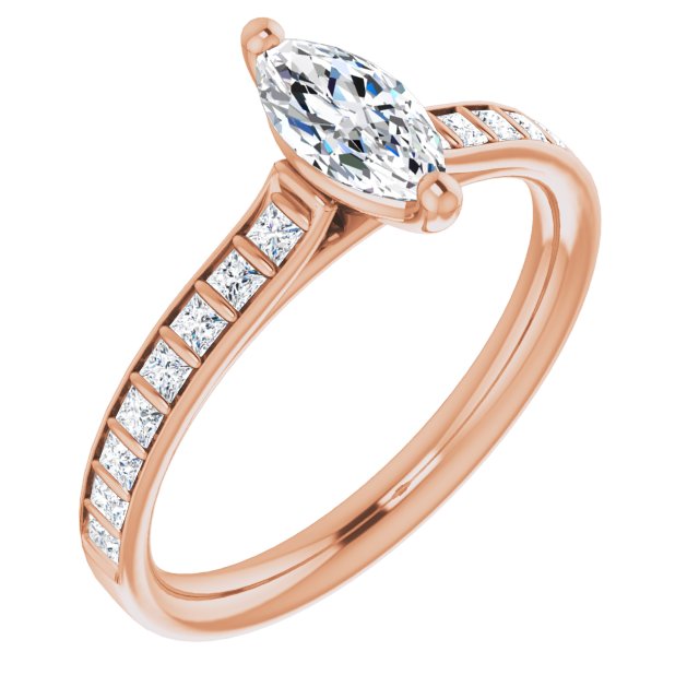 DEMI Solitaire Marquise Engagement Ring with Princess Cut Shoulder Diamonds - 18K Rose Gold - View 1