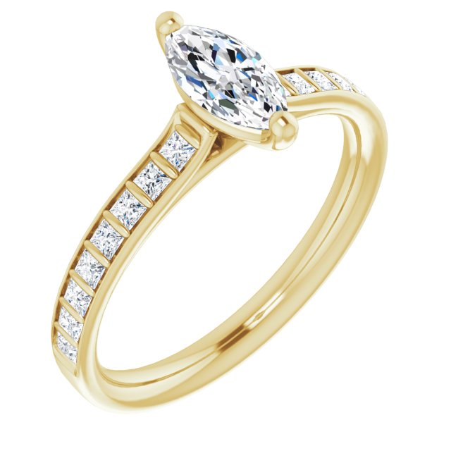 DEMI Solitaire Marquise Engagement Ring with Princess Cut Shoulder Diamonds - 18K Yellow Gold - View 1