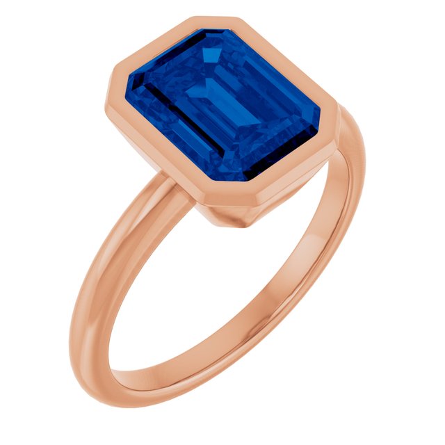 10K Rose Gold Lab-Grown Blue Sapphire 9 X 7 mm ADINA Emerald Cut Bezel Set Gemstone Solitaire Jewelry