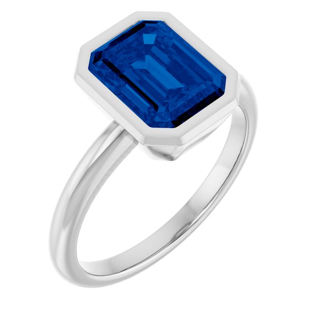 Platinum Lab-Grown Blue Sapphire 9 X 7 mm ADINA Emerald Cut Bezel Set Gemstone Solitaire Jewelry