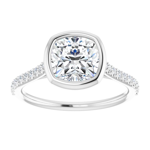 LAYLA Bezel Solitaire Cushion Engagement Ring with Shoulder Diamonds - Platinum - View 3
