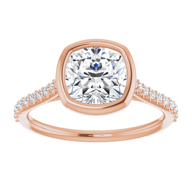 LAYLA Bezel Solitaire Cushion Engagement Ring with Shoulder Diamonds - 18K Rose Gold - View 3