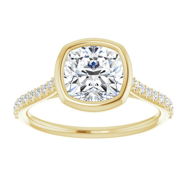 LAYLA Bezel Solitaire Cushion Engagement Ring with Shoulder Diamonds - 18K Yellow Gold - View 3