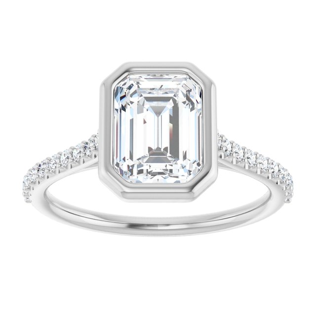 LAYLA Bezel Solitaire Emerald Engagement Ring with Shoulder Diamonds - Platinum - View 3