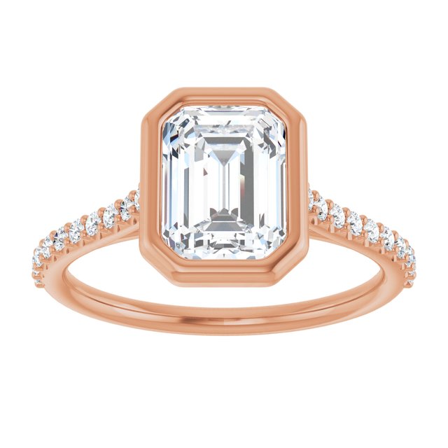 LAYLA Bezel Solitaire Emerald Engagement Ring with Shoulder Diamonds - 18K Rose Gold - View 3