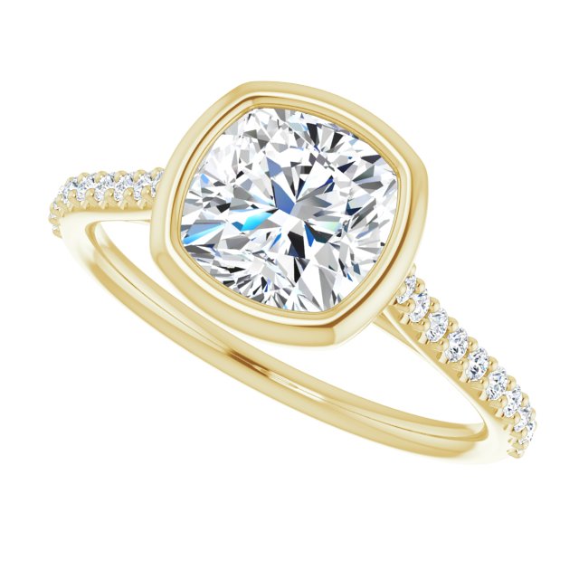 LAYLA Bezel Solitaire Cushion Engagement Ring with Shoulder Diamonds - 18K Yellow Gold - View 5