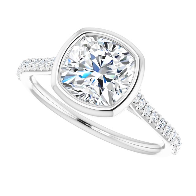 LAYLA Bezel Solitaire Cushion Engagement Ring with Shoulder Diamonds - Platinum - View 5