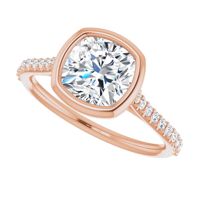 LAYLA Bezel Solitaire Cushion Engagement Ring with Shoulder Diamonds - 18K Rose Gold - View 5