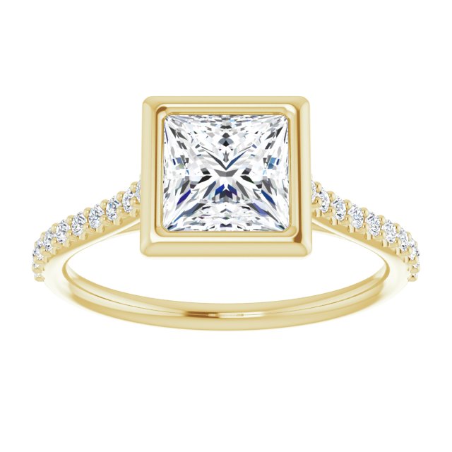 LAYLA Bezel Solitaire Square Engagement Ring with Shoulder Diamonds - 18K Yellow Gold - View 3