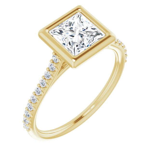 LAYLA Bezel Solitaire Square Engagement Ring with Shoulder Diamonds - 18K Yellow Gold - View 1