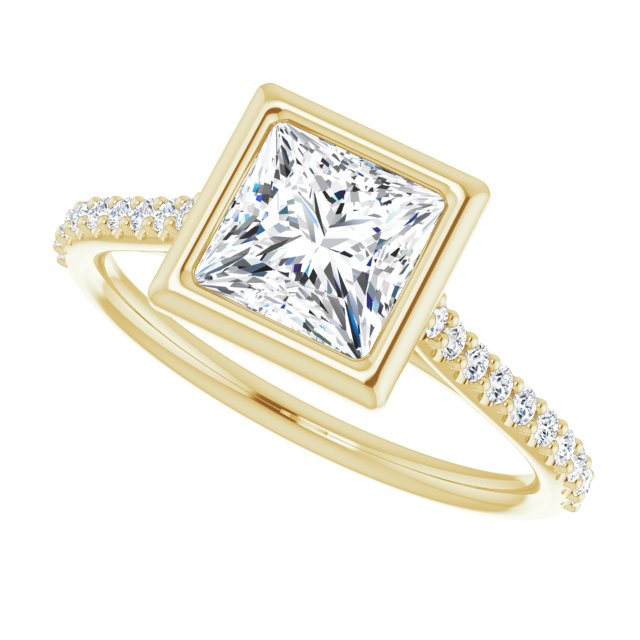 LAYLA Bezel Solitaire Square Engagement Ring with Shoulder Diamonds - 18K Yellow Gold - View 5