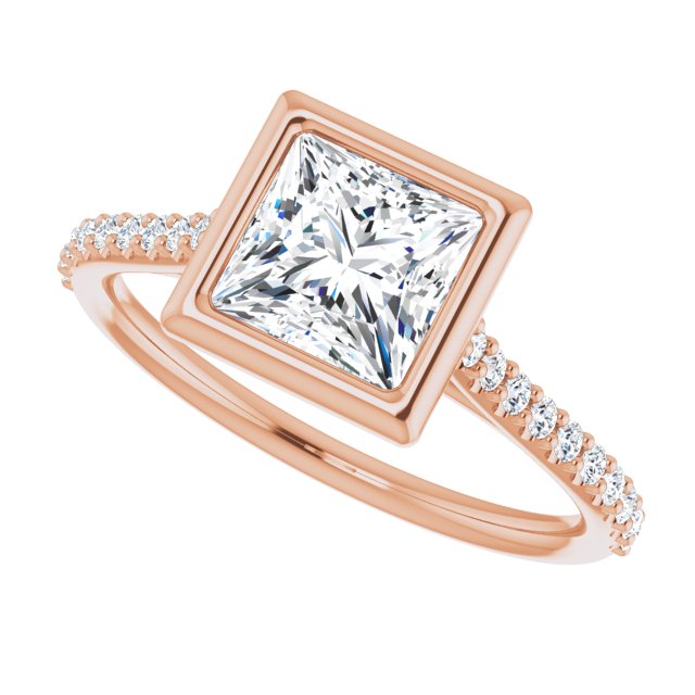 LAYLA Bezel Solitaire Square Engagement Ring with Shoulder Diamonds - 18K Rose Gold - View 5