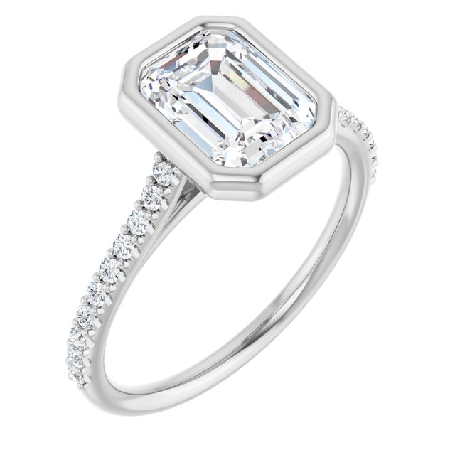 LAYLA Bezel Solitaire Emerald Engagement Ring with Shoulder Diamonds - Platinum - View 1