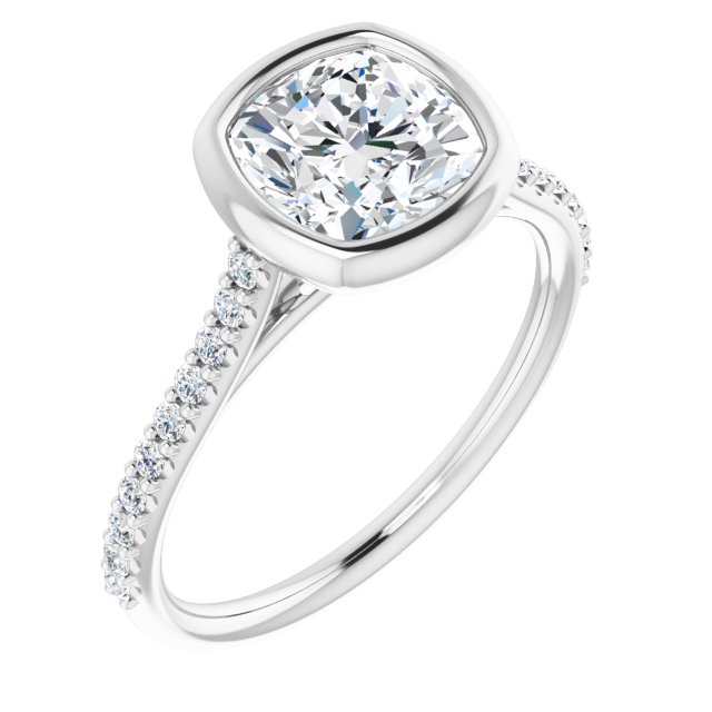 LAYLA Bezel Solitaire Cushion Engagement Ring with Shoulder Diamonds - Platinum - View 1